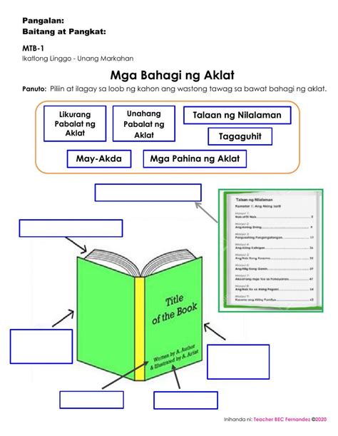 Bahagi ng aklat worksheets for grade 4